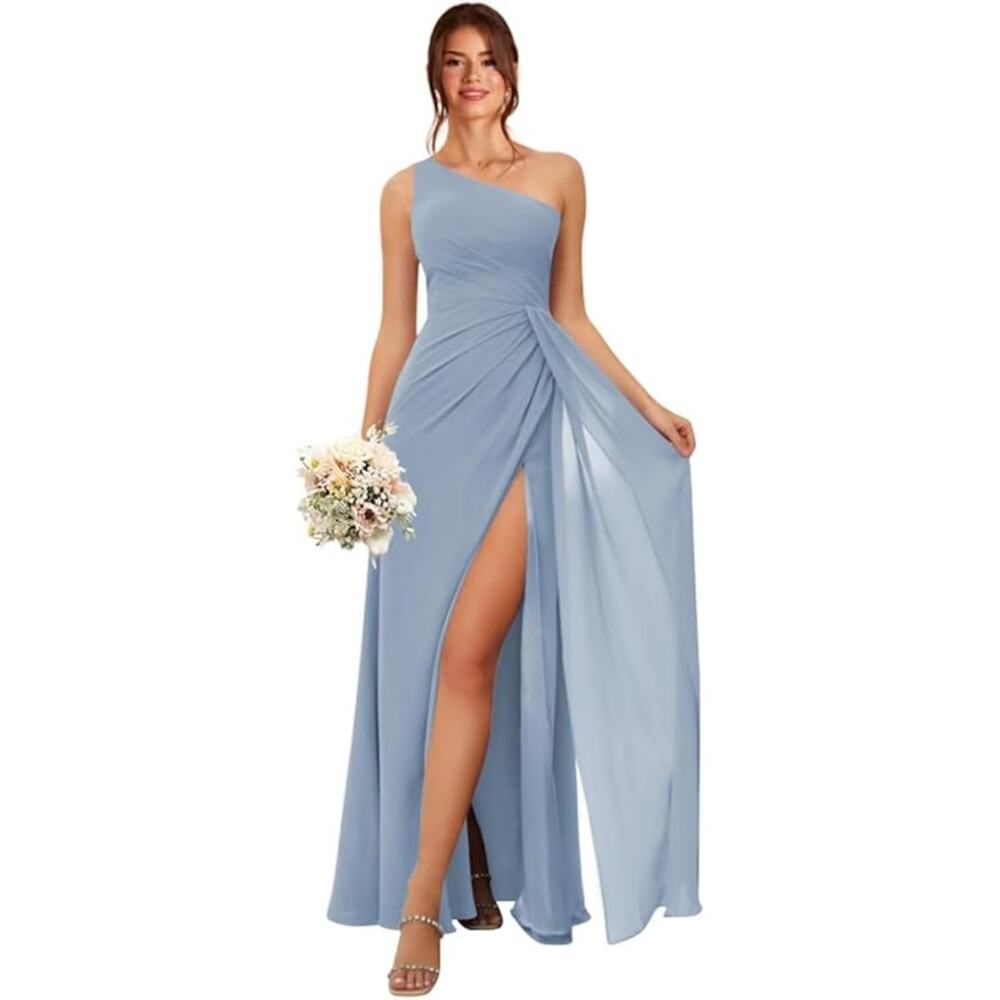 Dusty Blue One-Shoulder Slit Gown